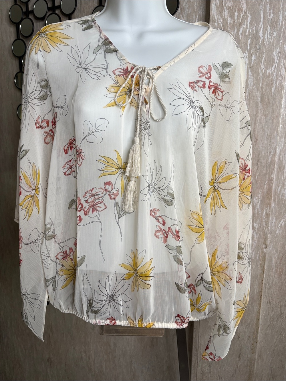 Maurices Cream Floral Tie-Front Blouse with Tassels